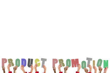 Digital png illustration of hands with product promotion text on transparent background