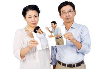 Digital png photo of sad asian couple holding torn photo on transparent background