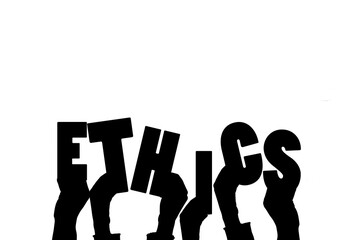 Digital png illustration of hands holding ethics text on transparent background