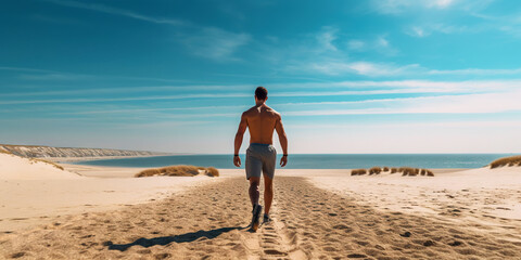 Athletic man running on the beach. Male runner. Generative AI