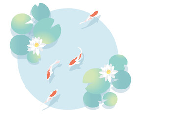 睡蓮の咲く池で泳ぐ錦鯉のイラスト