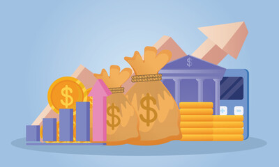 Money bags and coin stack saving. Money bags growing business for loan finance, investment, online payment and payment.on blue background.Vector Design Illustration.