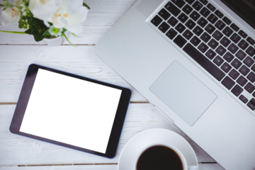 Digital png illustration of tablet and laptop on transparent background