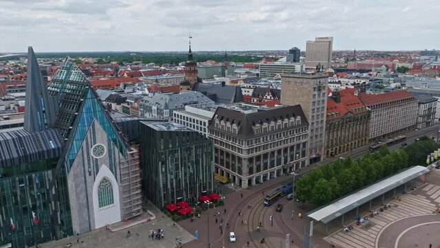 Aerial view of Leipzig University ( Universit&auml;t Leipzig ) , Leipzig , Germany . Futuristic University Building In Leipzig Looking Like Modern Church