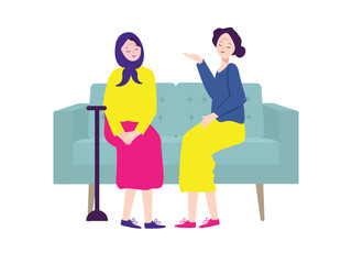 two girl elderly senior retired age and wearing casual clothes sitting in sofa modern decor elegance comfortable furniture