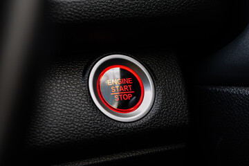 Close up engine car start button. Start stop engine modern new car button,Makes it easy to turn...