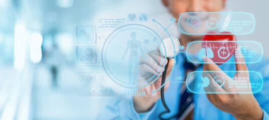 Medical technology and futuristic concept.Digital healthcare and network on modern virtual screen.Health Check with digital system support for patient with medical icon at hospital.Global health care.