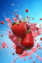 water red splash freshness fresh blue fruit background food healthy strawberry. Generative AI.