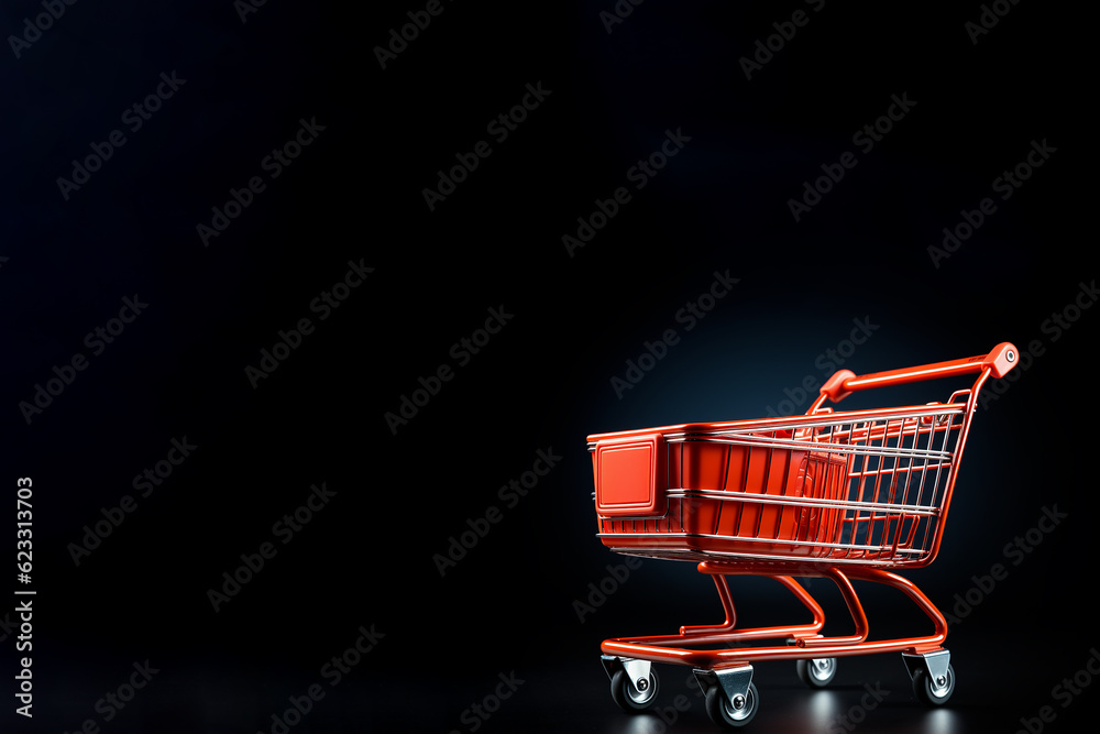 Wall mural black background with an isolated shopping cart.