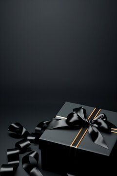 Black gift box on black background with empty space for text.