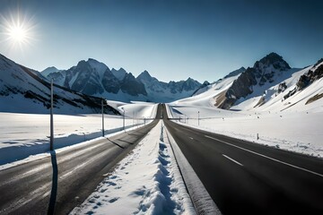 Fototapeta na wymiar View of road leading towards snowy mountains