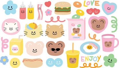 Cute icons of animals (teddy bear, cat), food (burger, cereal, hot dog, fried egg, bacon, milk, ketchup and mustard sauces, juice), flowers, heart, happy faces, abstract doodle elements. Pastel colour