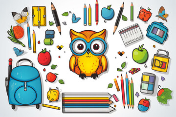 Back to school, education concept. Various school, education and learning colorful clip art objects illustrations background. Generative AI