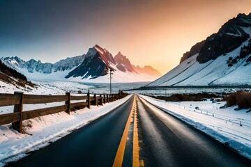 View of road leading towards snowy mountains
