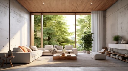 contemporary living room interior deisgn house beautiful with natural color scheme view of forest mountain hill nature background ,ai generate