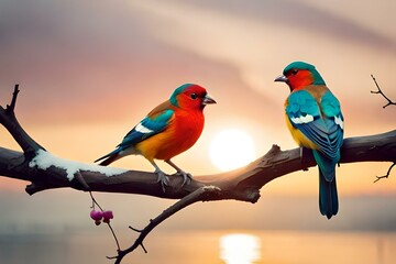 Fototapeta na wymiar Adorable Love Birds sitting on a branch of a cherry blossom tree Valentine's Day