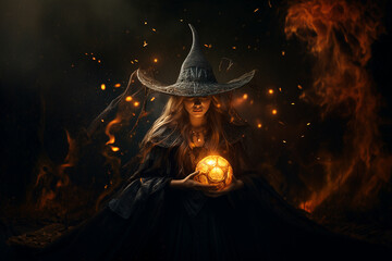 Happy Halloween Celebration with Spooky Decorations and Witches in a Mysterious Autumn Night.