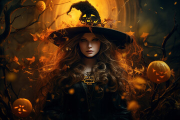 Happy Halloween Celebration with Spooky Decorations and Witches in a Mysterious Autumn Night.