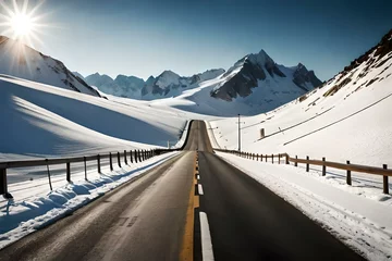 Fotobehang View of road leading towards snowy mountains © Ahtesham
