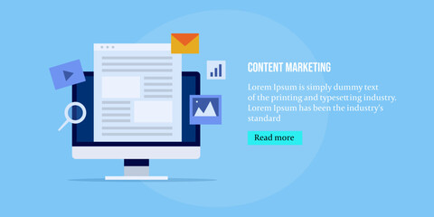 Digital content marketing, blog content website on computer screen, email and social media video, SEO optimization strategy, web banner vector illustration. 