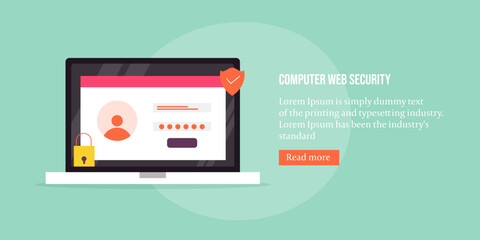 Login access to laptop computer, user verification with password to access personal and financial data information, computer security data protection concept, Web banner template.