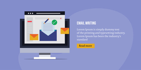 Compose business email letter on web application interface, email message writing and sending to client from computer, internet communication concept, vector illustration web banner.