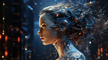 Female face and robot projection. Future technologies, Internet Business, Digital technology AI