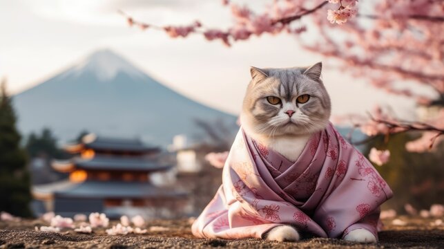 cute cat wearing japanese kimono style