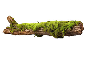 Green moss on rotten tree branch isolated on transparent background