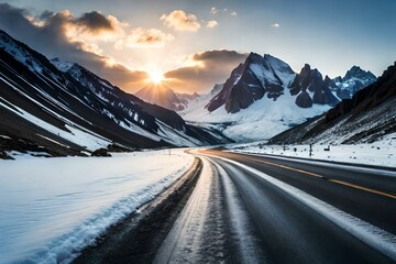 View of road leading towards snowy mountains