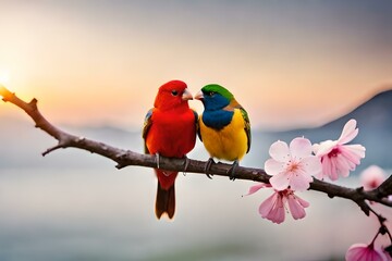 Adorable Love Birds sitting on a branch of a cherry blossom tree Valentine's Day 