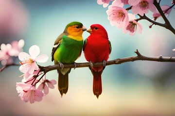 Adorable Love Birds sitting on a branch of a cherry blossom tree Valentine's Day  - Powered by Adobe