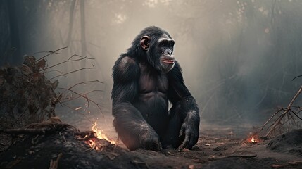 Obraz na płótnie Canvas fire burning chimpanzee forest