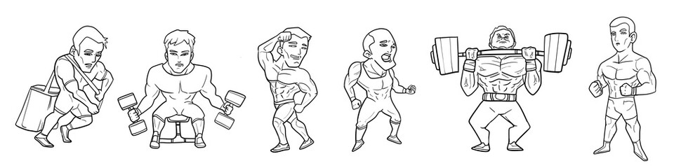 Set of 6 illustration showcases a group of energetic men engaging in various fitness activities, pushing their limits and striving for physical excellence. 