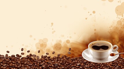 Cup of coffee, espresso, beans. Web banner with copy space. Generative AI