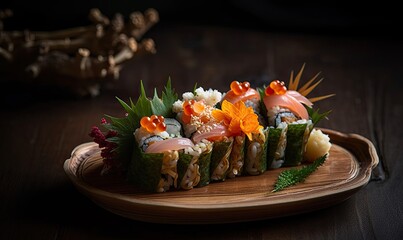 Artistic presentation of sushi on ornamental plate, a visual delight. Creating using generative AI tools