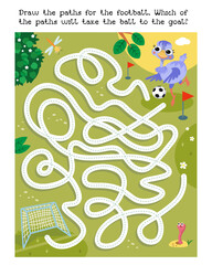 Maze game, activity for children. Draw paths for the ball. Cute ostrich playing football. Vector cartoon illustration. Funny bird animal and sport. 
