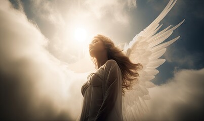 An ethereal female angel surrounded by clouds in heaven. Creating using generative AI tools - obrazy, fototapety, plakaty