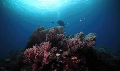 Fototapeta na wymiar Mesmerizing view of a diver surrounded by a coral reef paradise Creating using generative AI tools
