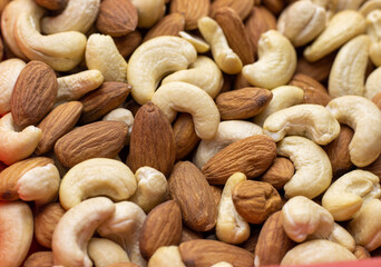 Top angle shot of Almonds and cashew nut. Close up of Almonds and cashew nut.Prunus dulcis and Anacardium occidentale