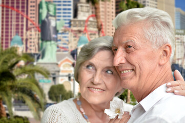 happy old couple hugging against city skyline