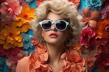 Blond Fashion Woman Wearing Stunning Sunglasses colorful tropical flowers and plants