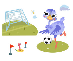 Cute ostrich playing football. Sports ball and goal. Vector cartoon isolated illustration on white background. Funny bird animal for design. 