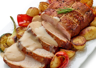 sliced roast pork with vegetables and sauce