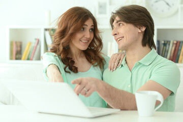 Portrait of smiling young couple pointing at laptop at home