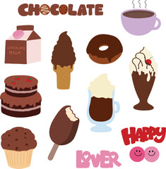 Chocolate Day icons such as hot chocolate drink, milk box, ice cream, donut, cake, cupcake, milkshake, muffin for cafe, restaurant, menu, recipe, sweet dessert, baking recipe, pastry, bakery, emoji
