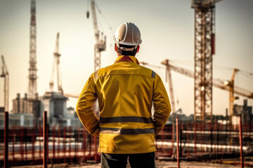 Engineer workers wearing full PPE standing looking at construction site , Rear view of architect on site project with building construction , Created with Generative Ai Technology