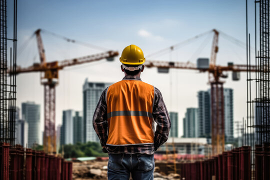 Engineer workers wearing full PPE standing looking at construction site , Rear view of architect on site project with building construction , Created with Generative Ai Technology
