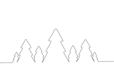One line continuous spruce or fir tree. Concept minimal Christmas banner. Line art, silhouette, outline, vector illustration.