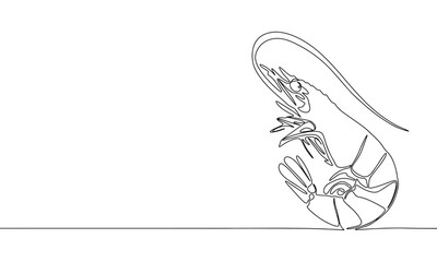 One line continuous shrimp. Concept minimal food banner. Line art, silhouette, outline, vector illustration.
